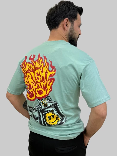Erkek Burning Oversize Bisiklet Yaka Mint Yeşili Tişört - 4
