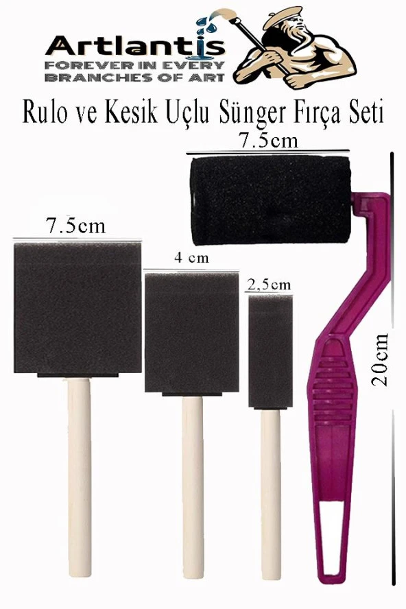 Rulo ve Kesik Uçlu 4 lü Sünger Fırça Seti 1 Paket Akrilik Boya Yağlı Boya Guaj Boya Sulu Boya Sanatsal