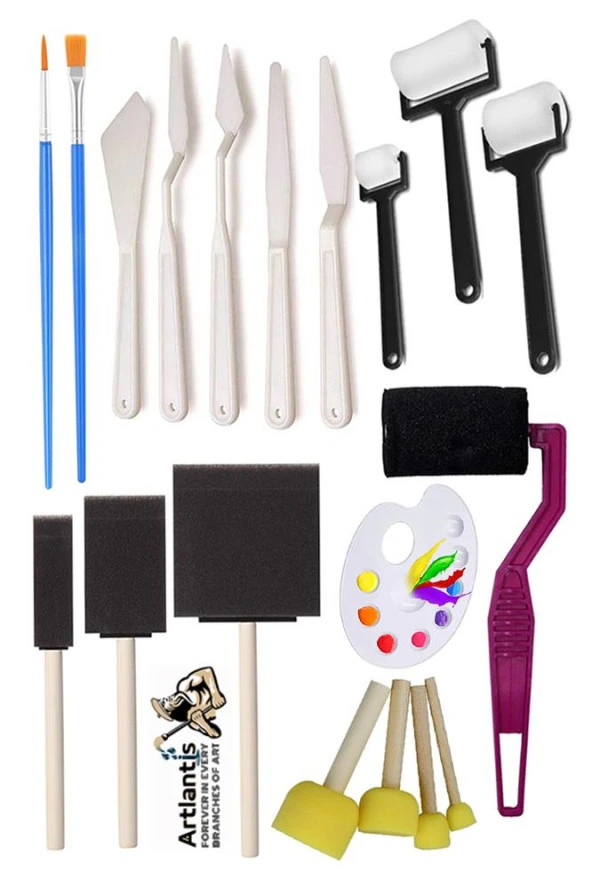Rulo Kesik Uçlu ve Tampon Sünger Fırça Seti 19 Parça 1 Paket Resim Fırçası Palet Ponpon Spatula Akrilik Boya Yağlı Boya Guaj Boya Sulu Boya Sanatsal