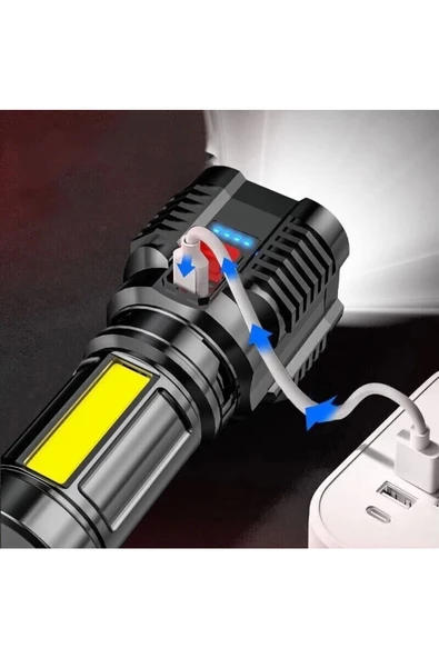 Ultra Parlak El Feneri Usb Şarj 4 Led+yan Cob Led Taktik Günlük Hayat Kamp Avcılık El Feneri - 6