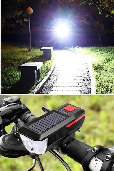 Solar Enerjili USB ile Şarj Edilebilir Ledli Bisiklet Feneri Kornalı ve Su Geçirmez Far - 12