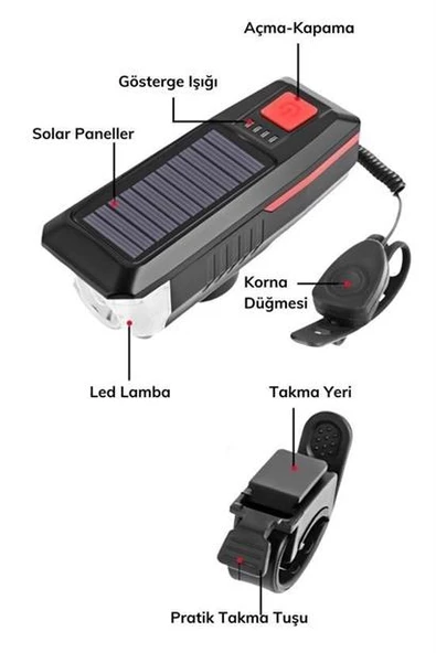 Solar Enerjili USB ile Şarj Edilebilir Ledli Bisiklet Feneri Kornalı ve Su Geçirmez Far - 10