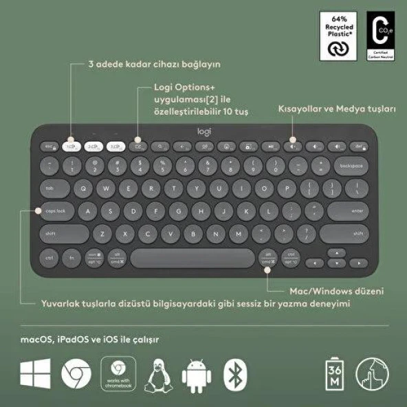 Logitech K380s Pebble Keys 2 Çoklu Cihaz Özellikli Bluetooth Türkçe Q Klavye - Siyah - 4