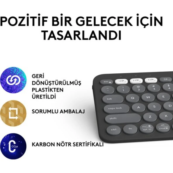 Logitech K380s Pebble Keys 2 Çoklu Cihaz Özellikli Bluetooth Türkçe Q Klavye - Siyah - 9