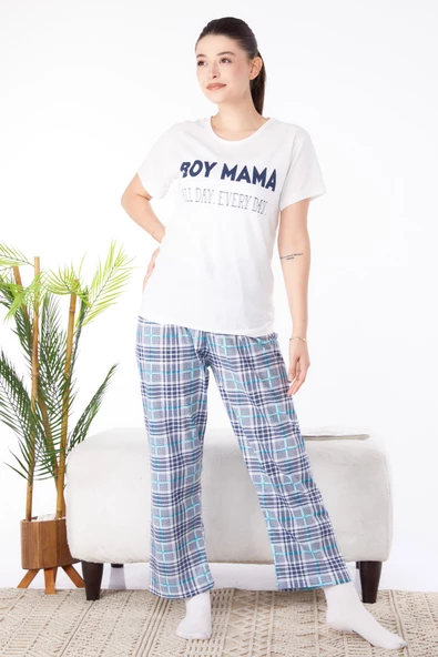 Düz Bisiklet Yaka Kadın Beyaz Baskılı Pijama Takımı - 25588