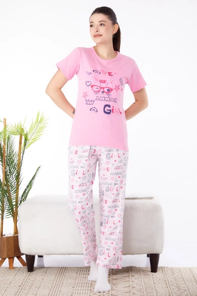 Düz Bisiklet Yaka Kadın Pembe Baskılı Pijama Takımı - 25591