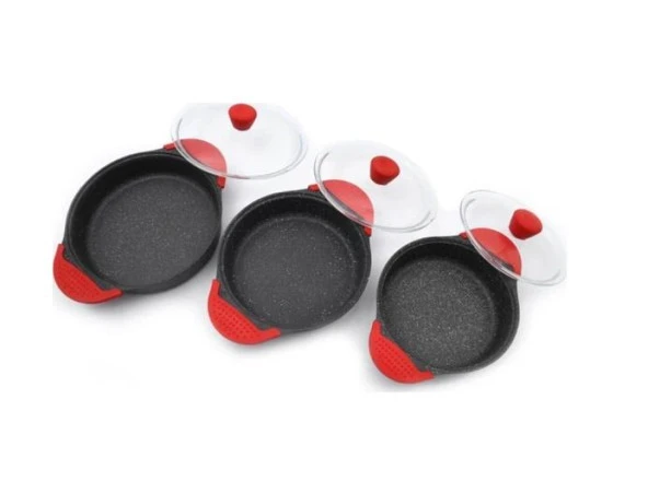 Eda tuğra 3 lü granit döküm kapaklı sahan tava seti - yanmaz yapışmaz