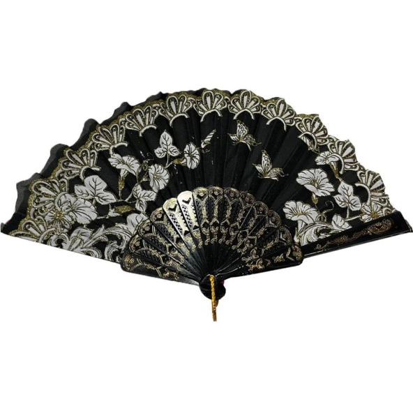 YELPAZE Şık Doğal Serinletici 877-9 Çiçekli Siyah Yelpaze