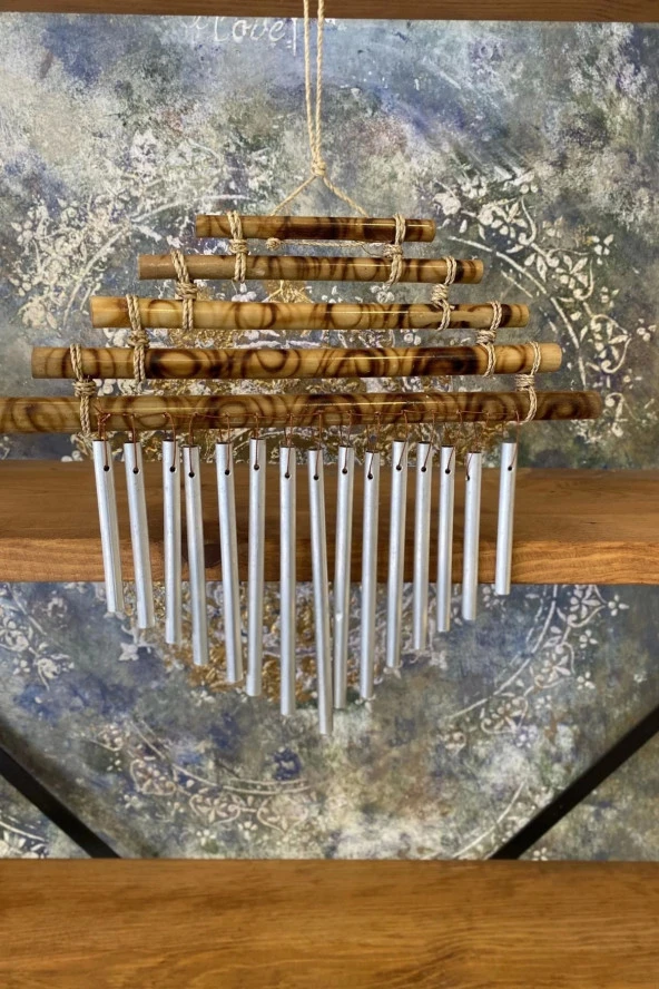 Rüzgar Çanı Deprem Zili Çanı Ahşap Metal Borulu Bambulu - Resim 4