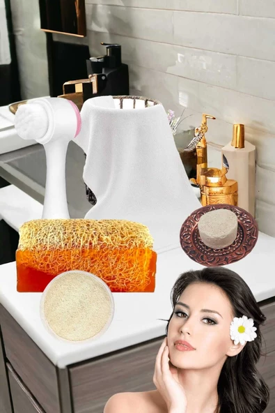 5'li Tüm Cilt Temizleme Kabak Lifli Ballı Sabun Gerdirme Peeling Ruşur Taşı Havlu Temizleme Fırçası - 2