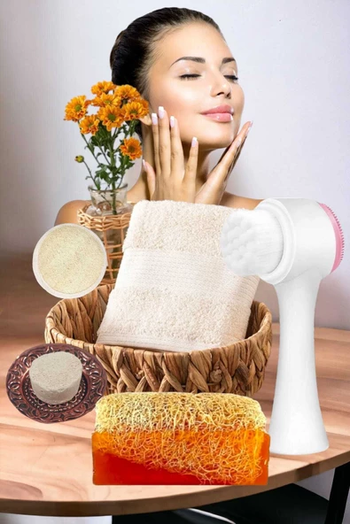 5'li Tüm Cilt Temizleme Kabak Lifli Ballı Sabun Gerdirme Peeling Ruşur Taşı Havlu Temizleme Fırçası - 3