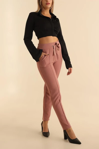 VioShine Kadın Beli Bağlamalı Yüksek Bel Kuş Gözü Pantolon - 5