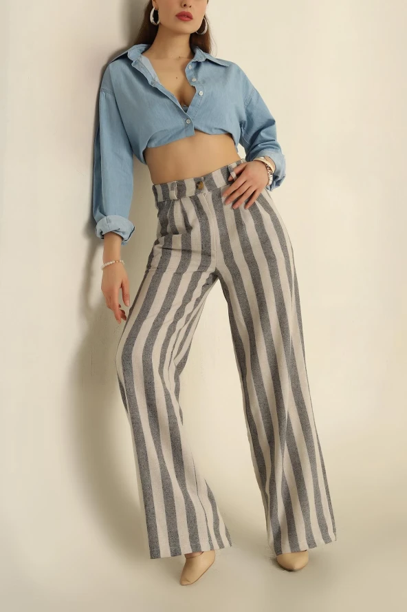 VıoShıne Kadın Çizgili Bol Paça Keten Pantolon - 3