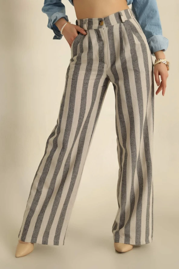 VıoShıne Kadın Çizgili Bol Paça Keten Pantolon - 4