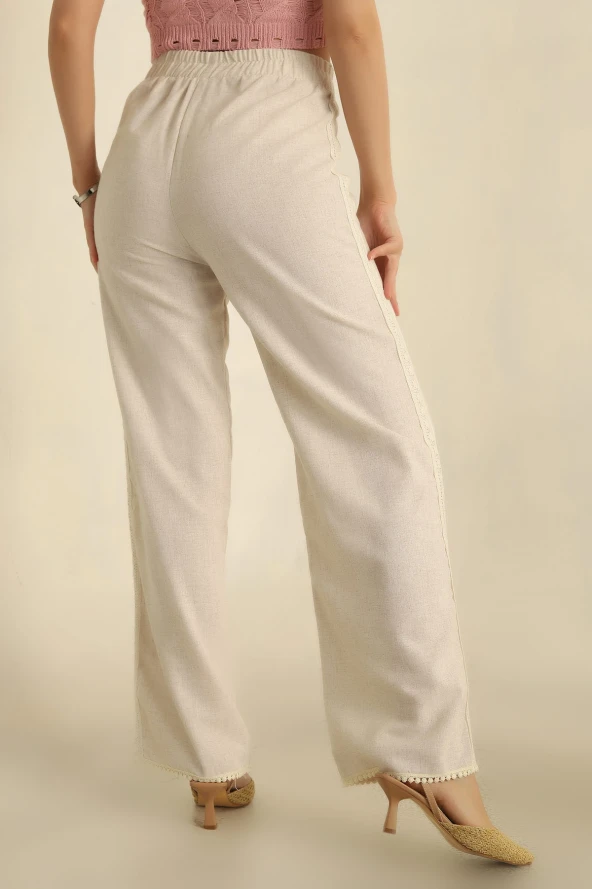 VıoShıne Kadın Beli Lastikli Nakışlı Keten Pantolon - 3