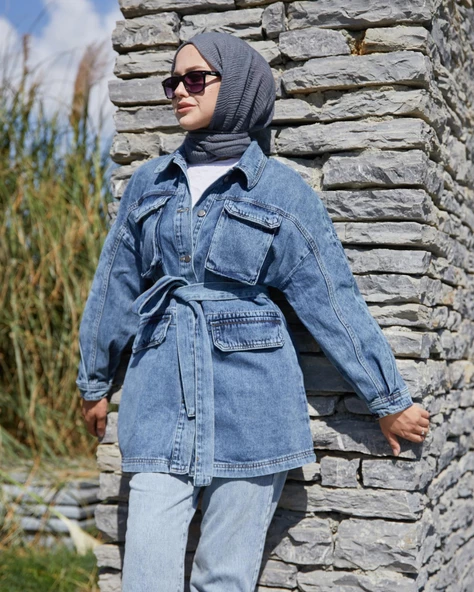 VioShine Kadın Önü Düğmeli Kuşaklı Kot Mont - 6
