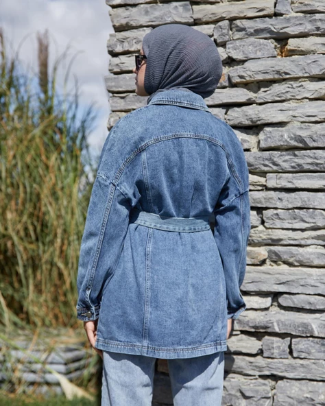 VioShine Kadın Önü Düğmeli Kuşaklı Kot Mont - 11