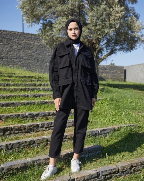 VioShine Kadın Önü Düğmeli Kuşaklı Kot Mont - 2