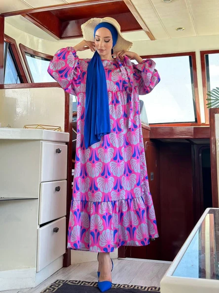 VıoShıne Kadın Desenli Saten Elbise - 3