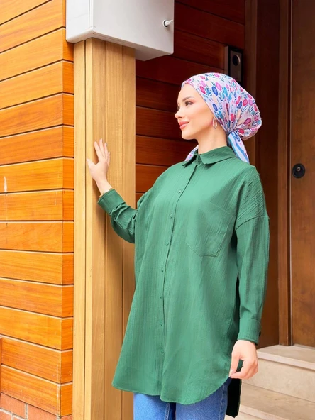 VıoShıne Kadın Düğmeli Bürümcük Keten Gömlek - 5