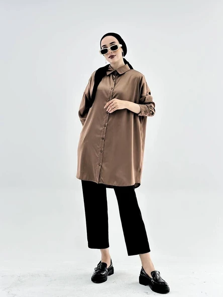 VıoShıne Kadın Oversize Saten Gömlek - 5