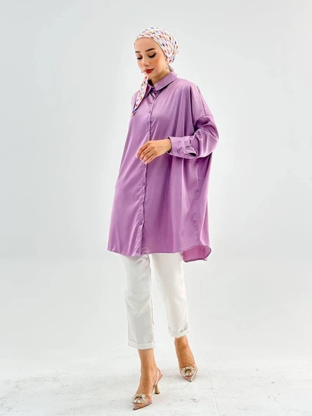 VıoShıne Kadın Oversize Saten Gömlek - 8