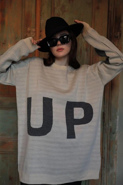 VioShine Kadın Oversize Baskılı Triko Kazak