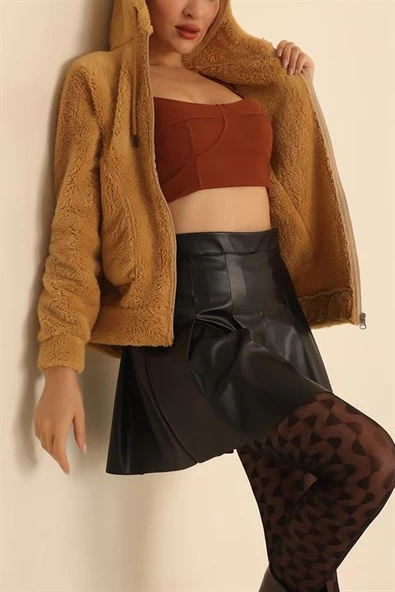 VioShine Kadın Kapüşonlu Peluş Cepli Welsof Hırka Fermuarlı Ceketi - 7