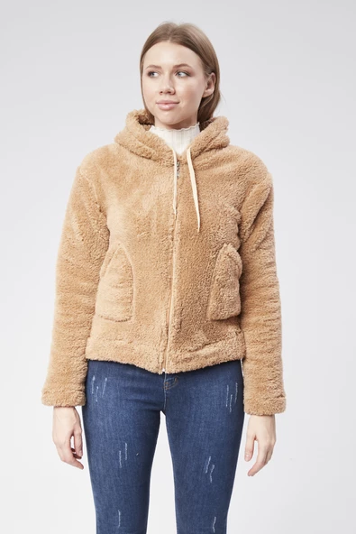 VioShine Kadın Kapüşonlu Peluş Cepli Welsof Hırka Fermuarlı Ceketi - 11