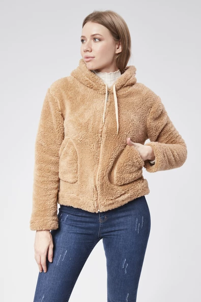 VioShine Kadın Kapüşonlu Peluş Cepli Welsof Hırka Fermuarlı Ceketi - 12