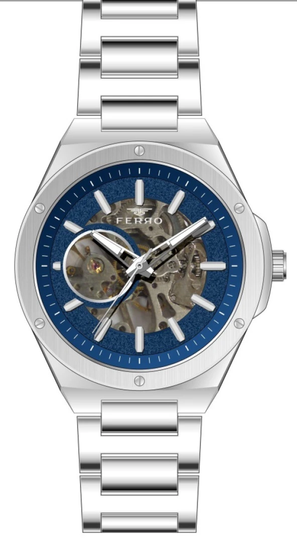 Ferro Otomatik Çelik Gri Mavi Kadran 44 mm  Erkek Kol Saati
