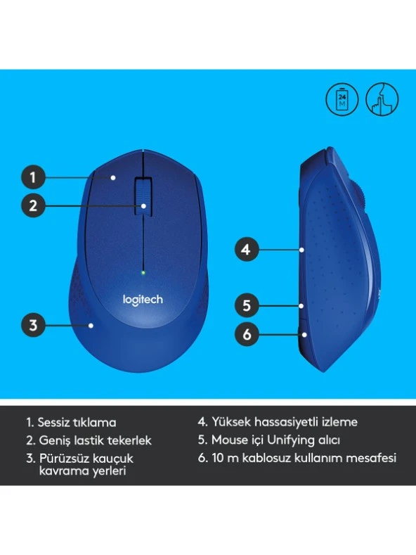 Logitech M330 Sessiz Kablosuz Optik Mouse - Mavi