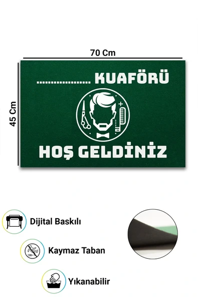 Valerine Life İsme, Kişiye veya Firmaya Özel Erkek Kuaförü Yeşil Renk Berber Hoş Geldiniz Kapı Önü Paspası 45x70cm - Resim 2