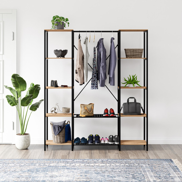 Eportatif Çok Amaçlı Metal Ayaklı Çift Raflı Dolap Ayakkabılık Portatif Portmanto Gardırop Çam 1373