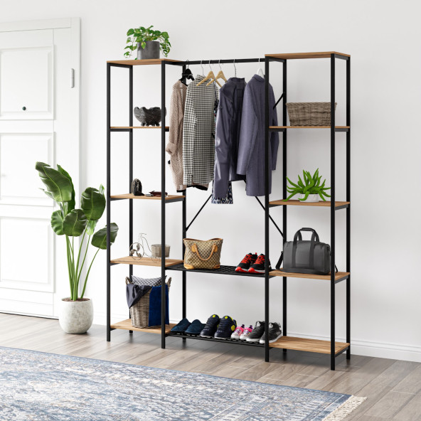 Eportatif Çok Amaçlı Metal Ayaklı Çift Raflı Dolap Ayakkabılık Portatif Portmanto Gardırop Çam 1373 - 2