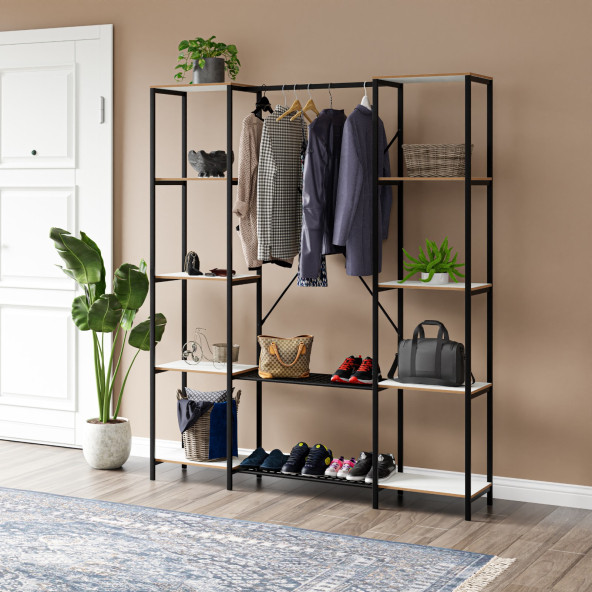 Eportatif Çok Amaçlı Metal Ayaklı Çift Raflı Dolap Ayakkabılık Portatif Portmanto Gardırop Beyaz 1374 - 2