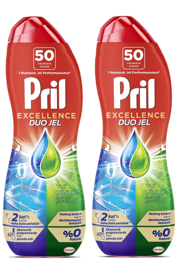 Pril Excellence Duo Jel Bulaşık Makinesi Deterjanı 900ml (50 Yıkama) Yağ Çözücü 2 Adet