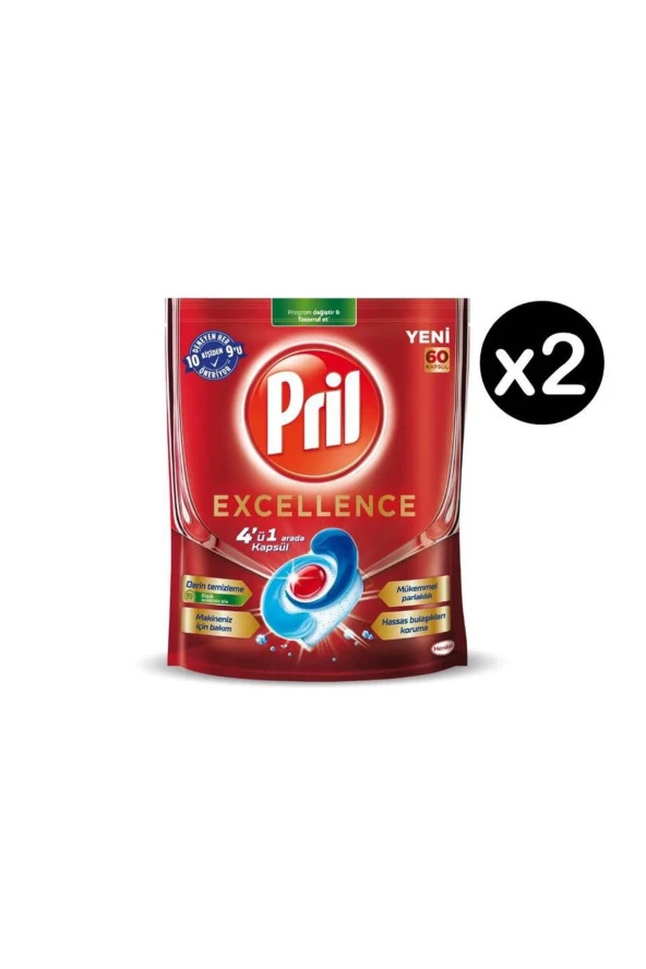 Pril Excellence 4'ü 1 Arada Bulaşık Makinesi Tableti 60'lı 2 Adet