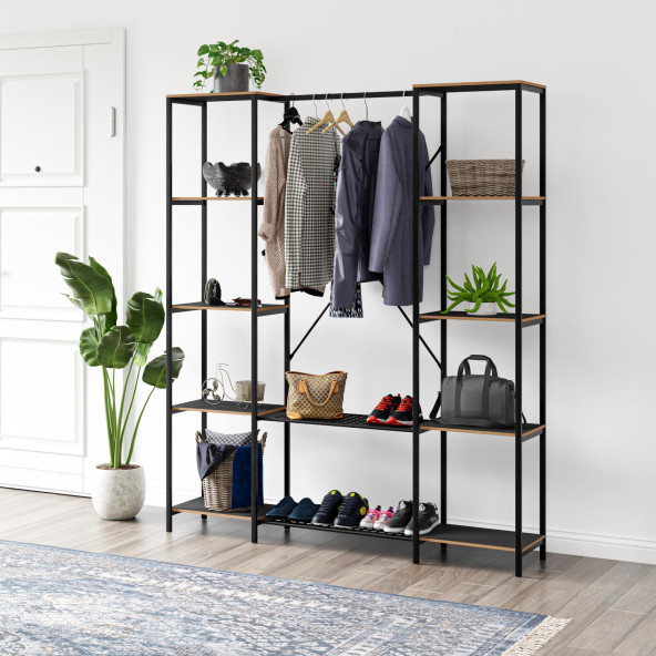 Eportatif Çok Amaçlı Metal Ayaklı Çift Raflı Dolap Ayakkabılık Portatif Portmanto Gardırop Füme 1375 - 2