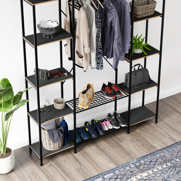 Eportatif Çok Amaçlı Metal Ayaklı Çift Raflı Dolap Ayakkabılık Portatif Portmanto Gardırop Füme 1375 - 3