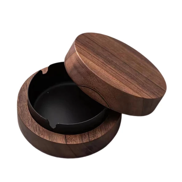 Polham Paslanmaz Çelik Yuvarlak Ultra Şık Küllük, Kapaklı Ceviz Ağacı Paslanmaz Çelik Kül Tablası - 6