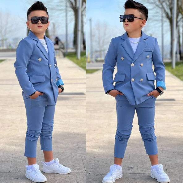 MODAVALS 4 PARÇA 6 DÜĞMELİ CEKETLİ ERKEK ÇOCUK TAKIM ELBİSE - BEYAZ TSHIRT - 1