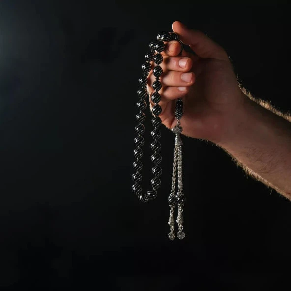 Gümüş İşlemeli Çeşm-i Bülbül Erzurum Oltu Taşı Tesbih ürün görseli 1