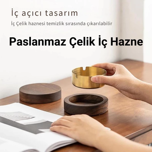 Coofbe Ahşap Kapaklı Masaüstü Küllük Kül Tablası Paslanmaz Çelik Kül Tablası Koku Engellemeli Küllük - 3