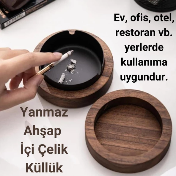 Coofbe Ahşap Kapaklı Masaüstü Küllük Kül Tablası Paslanmaz Çelik Kül Tablası Koku Engellemeli Küllük - 7