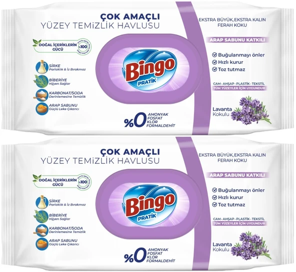 Bingo Clean Yüzey Temizlik Havlusu 96 Yaprak Lavanta Kokulu Plastik Kapaklı (2 Li Set) 192 Yaprak