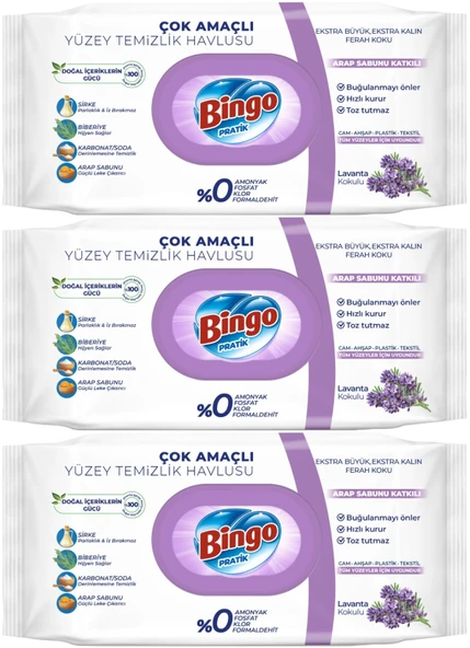 Bingo Clean Yüzey Temizlik Havlusu 96 Yaprak Lavanta Kokulu Plastik Kapaklı (3 Lü Set) 288 Yaprak
