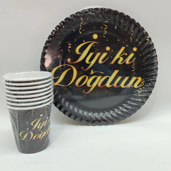 İyiki Doğdun Siyah Gold Karton Tabak Bardak Seti - 8 Kişilik