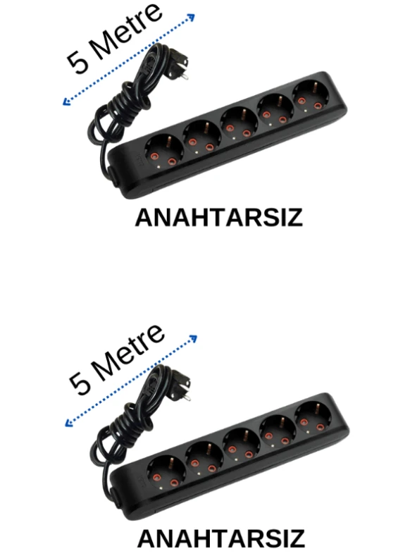 Viko (5'Li) Beşli Priz Topraklı Kablolu Siyah 5 (Beş) Metre (2 Adet)