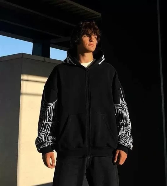 Erkek Kadın Bape Spider Baskılı Oversize Hırka - Siyah